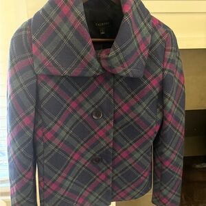 Talbots Navy Plaid Pea Coat with Pink and Light Green Accents